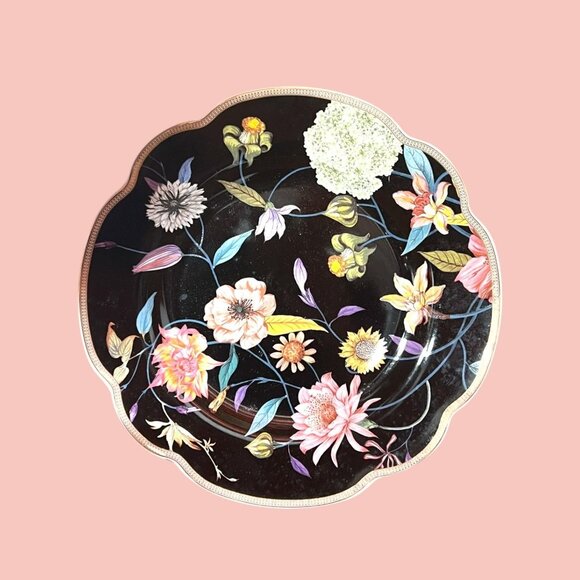 Grace Teaware Black Floral Porcelain Plates Set Of 8 Scalloped Edge Decorative D - Picture 1 of 2